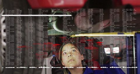 Female Technician Monitoring Augmented HUD Amid Red Alerts While Inspecting Cockpit Wiring
