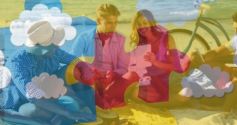 Friends on beach engaging with tablet, puzzle pattern overlay