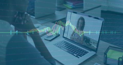 Virtual Meeting with Line Graph Overlay in Professional Office