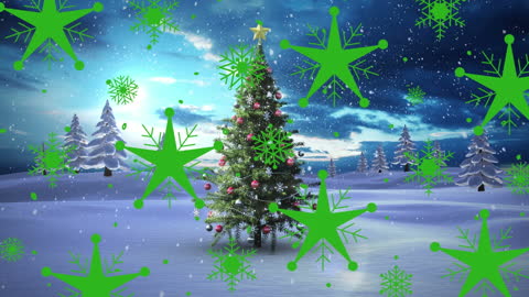 Festive Winter Landscape with Animated Green Stars and Christmas Tree
