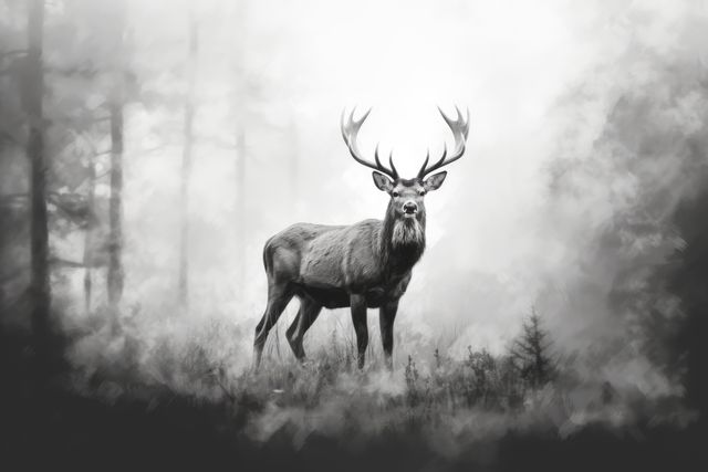 Deer standing in a misty forest offers a serene and tranquil representation of wildlife in its natural habitat. The monochromatic scheme enhances the timeless and majestic quality. Use this nature photo in blogs, environmental campaigns, wildlife magazines, and artistic projects that focus on nature or tranquility.