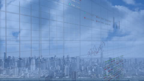 City Skyline with Digital Graph Overlay Representing Data Analysis