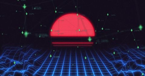 Futuristic neon horizon over luminous data grid with percentile arrows