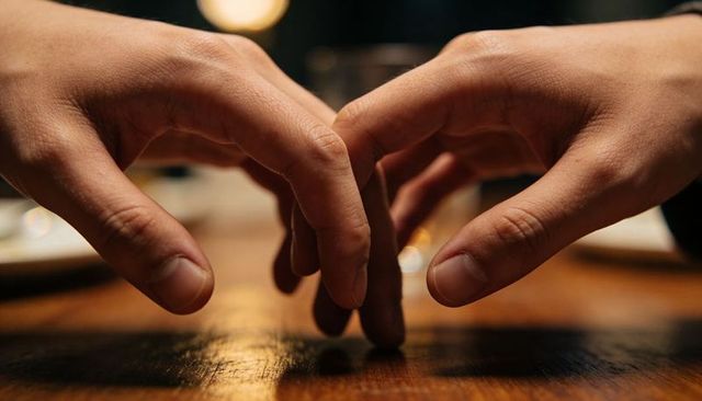 Intimate hands hovering over wooden table casting soft reflections under warm candlelight