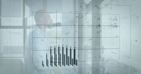 Data Analyst Creating Futuristic Virtual Bar Charts in Modern Office