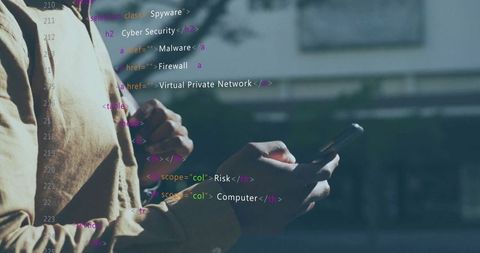 Man Analyzing Cyber Security Code on Smartphone in Urban Setting