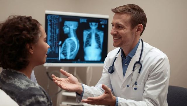 Doctor Discussing Medical X-Ray Results with Patient in Clinic