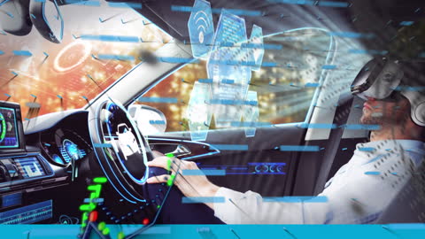 Man Experiencing Futuristic Virtual Reality in Smart Car