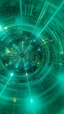 Vertical video moving through neon digital tunnel entering cyber vortex visualization
