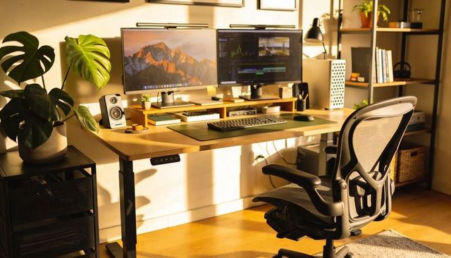 Sunlit ergonomic home workstation featuring dual monitors on sit-stand desk with monstera