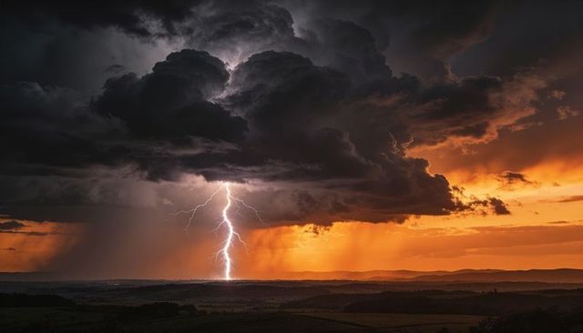 Forked lightning striking prairie at sunset under dark storm clouds, dramatic thunder scene