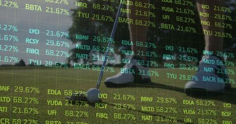Golfer Putting on Green Amid Financial Ticker Overlay