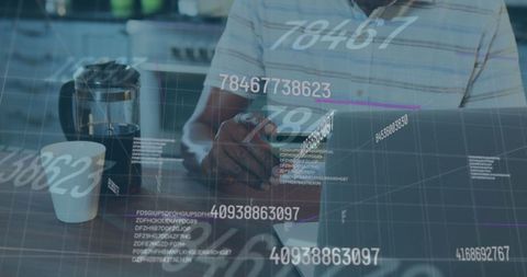 Man processing financial data and encrypted online payment on laptop