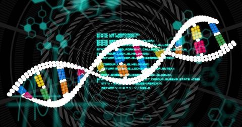 Neon DNA Helix Connecting Genomics and Cybersecurity with Code, Hex Grid, Data Flow