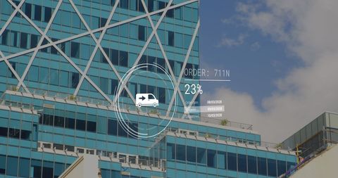 Digital delivery process overlays on modern office building