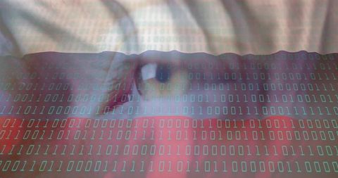 Sleeping woman dreaming with binary data overlay representing sleep technology and digital privacy