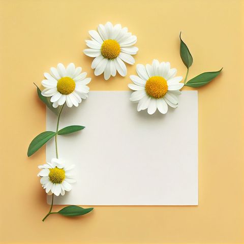 Daisies framing blank card on pastel yellow background for spring greeting and invitation design