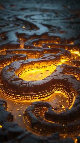 Molten Serpentine Channels Revealing Glowing Embers in Macro Vertical Motion