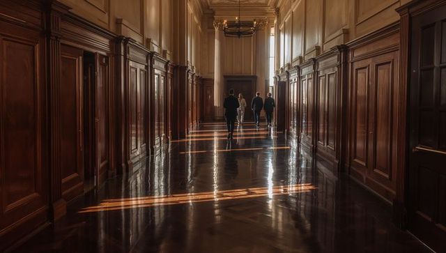 Executives walking in grand mahogany corridor with sunlight reflections and chandeliers