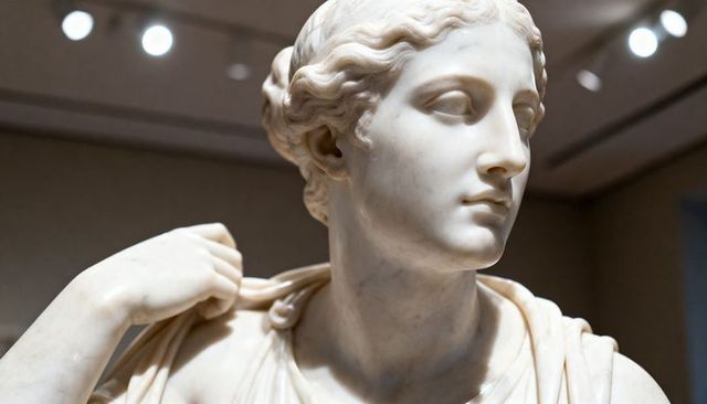 Serene classical marble sculpture close up draped female figure in museum gallery detail