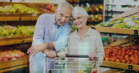 Happy Senior Couple Shopping Amidst Financial Digital Graphics