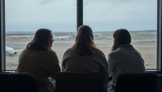 Three women waiting at airport terminal window watching planes on overcast day