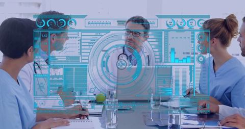 Medical Team Analyzing Data with Futuristic Technology Interface