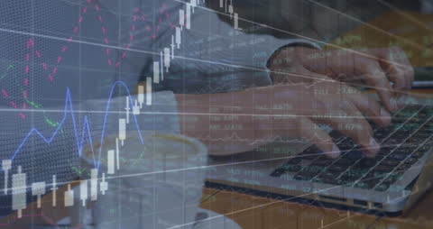 Businessman Analyzing Financial Data on Laptop with Charts Overlay