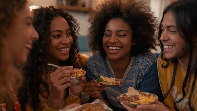 Sharing snacks on couch, multiracial friends laughing and enjoying cozy at-home gathering