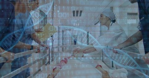Emergency team rushing patient through hospital corridor with dna helix overlay