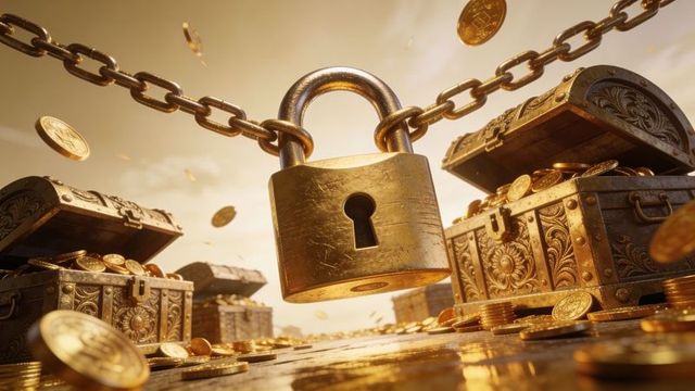 Brass padlock on heavy chain guarding gilded treasure chests and gold coin hoard wealth