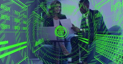 Business partners reviewing reports with neon AR data overlays in modern lounge