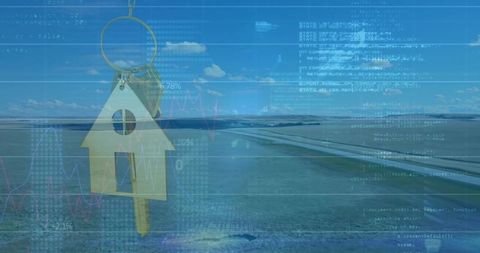 Gold house key fob hanging over coastal runway with fintech data overlay and code