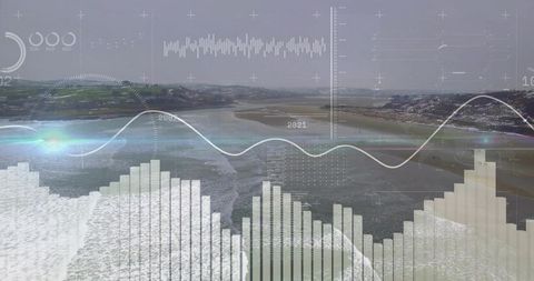 Aerial View of Coastal Tidal Flats with Data Visualization Overlay