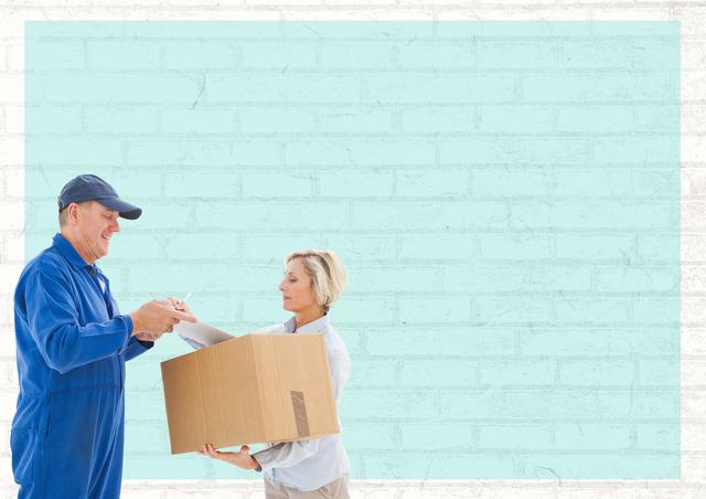 Delivery man, dressed in blue uniform, is handing over a parcel to a woman. They are standing against a light blue background with a subtle brick texture. This image is useful for illustrating courier services, home delivery, logistics, customer service, and e-commerce advertisements.