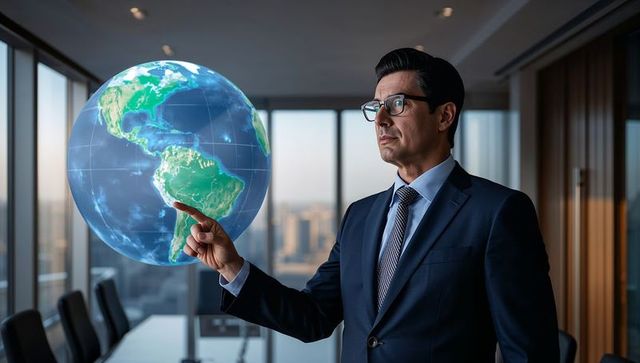 Executive Pointing at Holographic Globe in Modern Boardroom for Global Strategy Planning