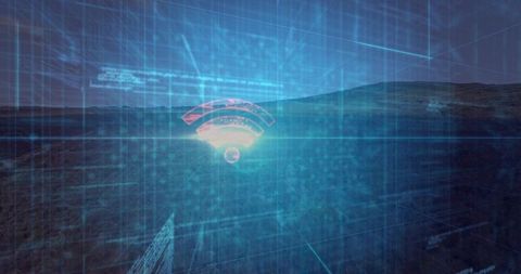 Glowing wi-fi icon hovering over rugged moor with futuristic cyan grid overlay neon signal
