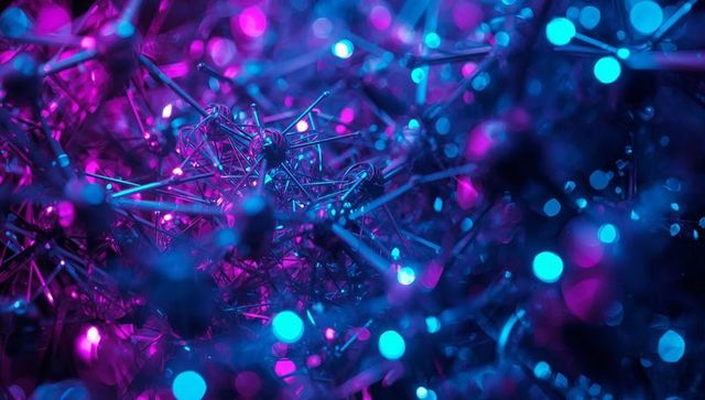 Neon network of metallic rods and glowing spheres in digital space