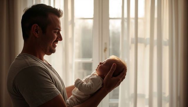 Smiling father cradling newborn in soft sunlight by sheer curtains, tender bonding moment