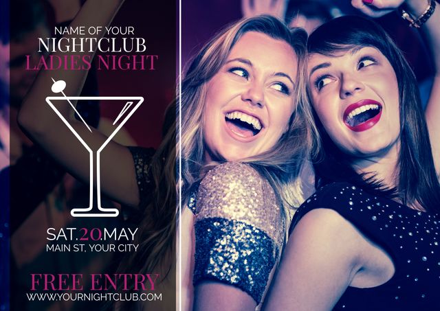 Two women enjoying a night out at a nightclub, perfect for advertising Ladies' Night events, club promotions, or social gatherings. Ideal for use in nightlife event marketing, party invitations, or boosting attendance through social media. Encourages a fun and lively environment.