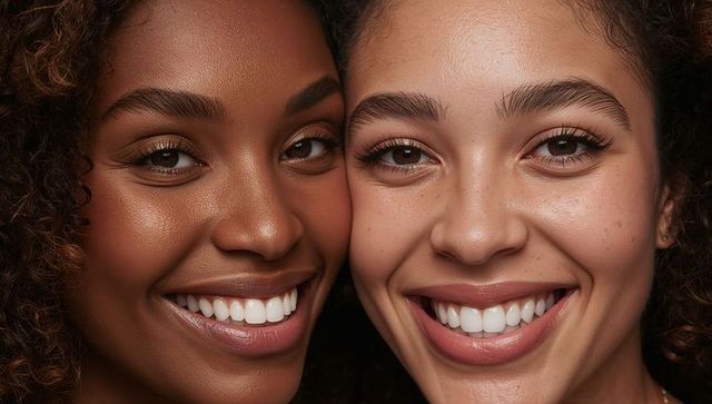 Two female friends with curly hair smiling together