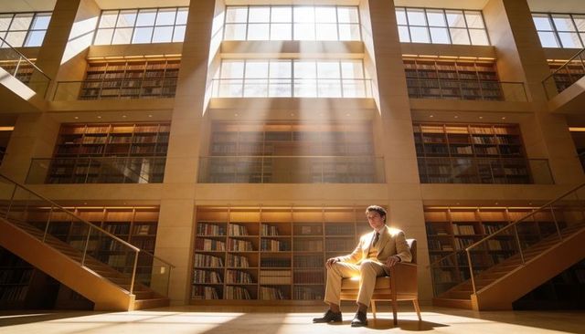Sunlit scholar in grand library atrium sitting in armchair under dramatic sunbeams