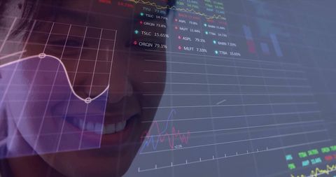 Smiling Woman Analyzing Stock Data and Medical Interface - Download Free Stock Images Pikwizard.com