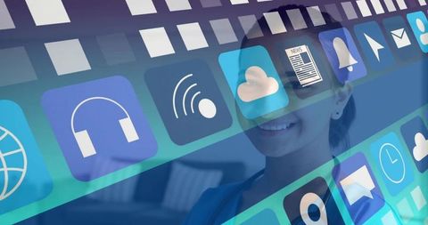 Professional woman showcases app icons in modern office space