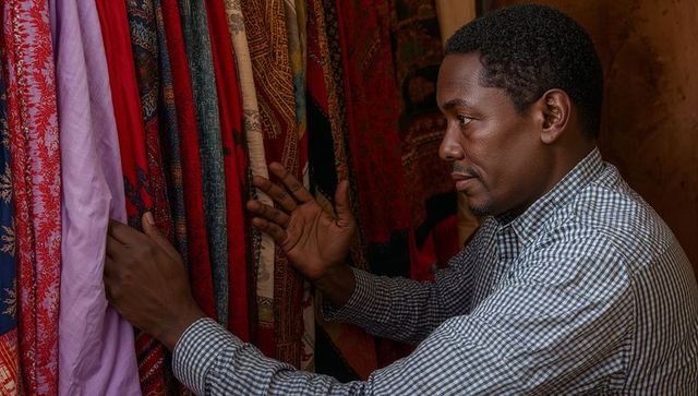 Man selecting colorful textiles at market stall while inspecting fabrics