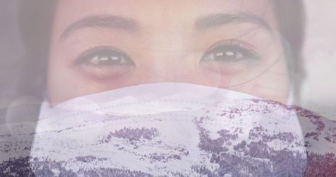 Asian Woman Wearing Mask Over Winter Landscape Double Exposure