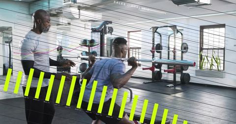 Trainer coaching athlete performing barbell back squat with analytics overlay and gym equipment