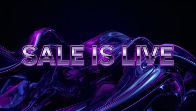 Glowing neon 3d sale is live banner with chrome liquid waves