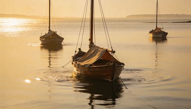Sunset wooden sailboats floating in tranquil harbor casting ripples, reflections and masts