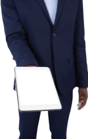 Transparent Businessman Presenting Blank Digital Tablet